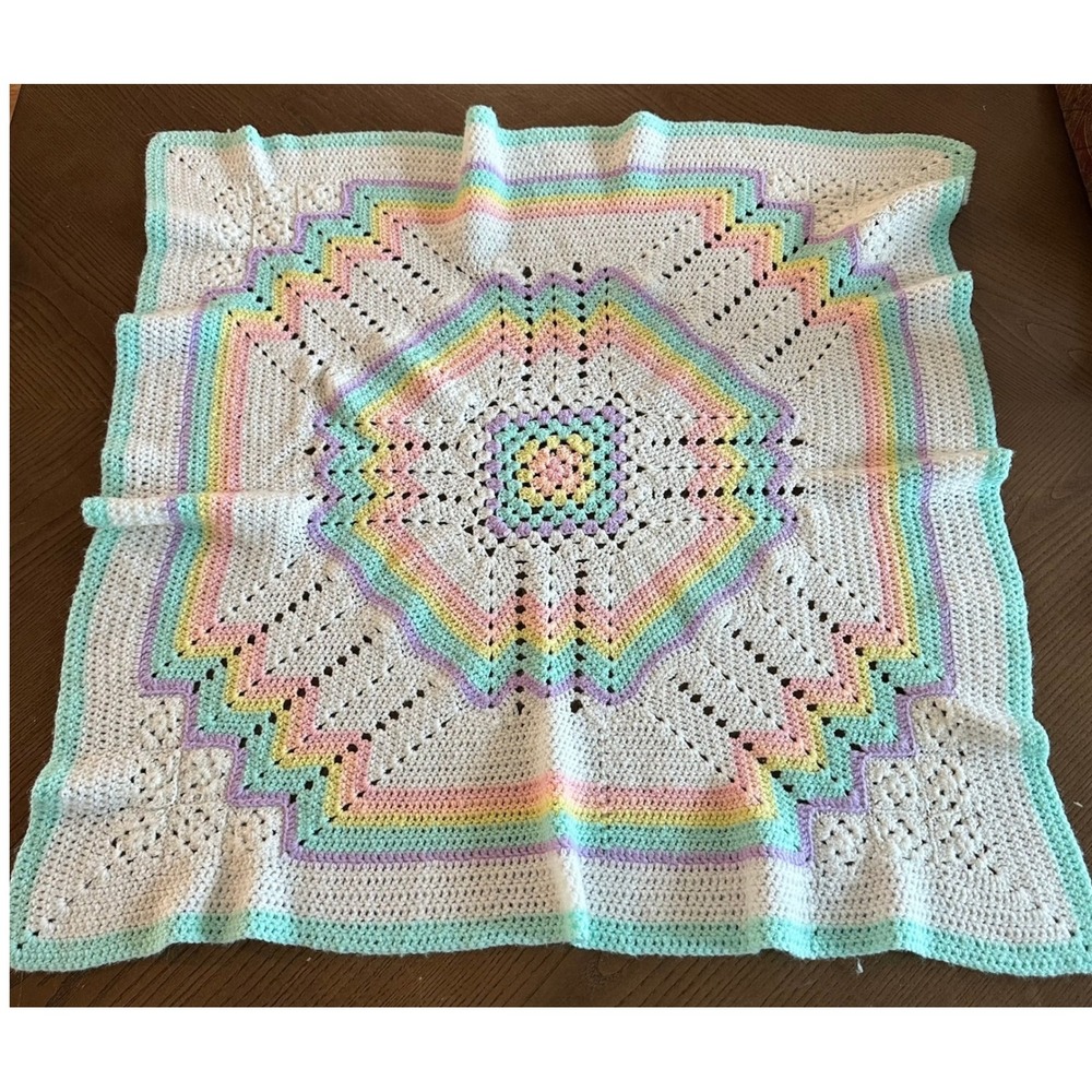 Handmade Crochet Baby Blanket Pastel Rainbow Starburst Granny Square White 28x28